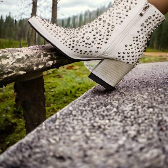 Beast HAZEL White Faux Leather Stud & Rhinestone Embellished Cowboy Booties 6 - Picture 2 of 5